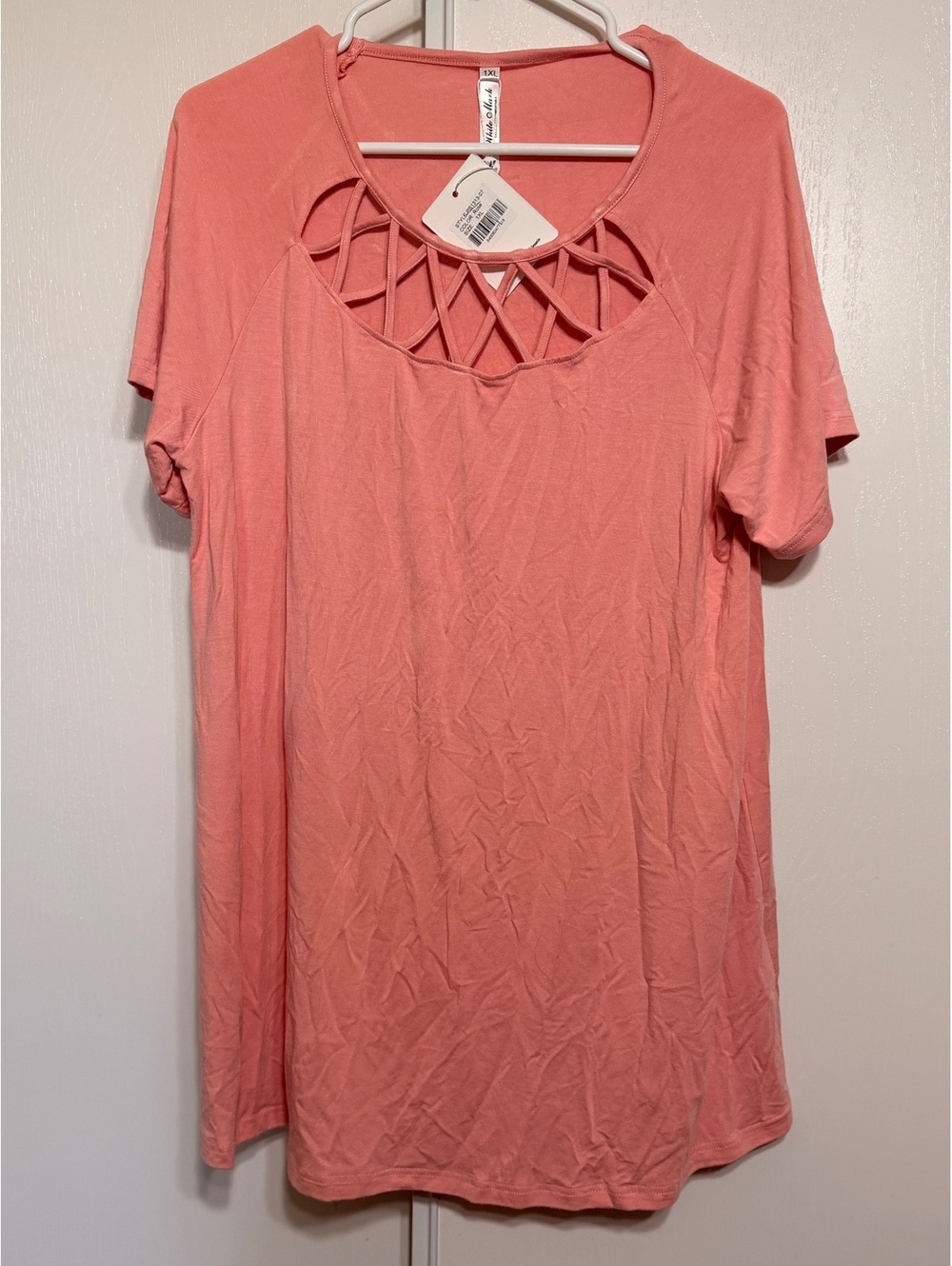 White Mark Rose Pink 1X Lattice Neck Short Sleeve Tunic Top